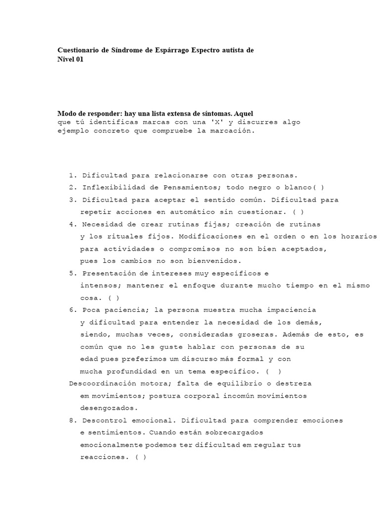 Cuestionario de Síndrome de Asperger | PDF | Síndrome de Asperger | Las ...