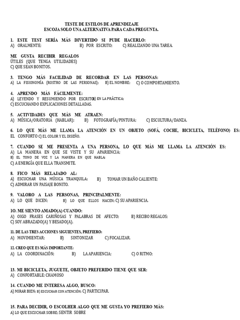 Test de Estilos de Aprendizaje: ¿Visual, Auditivo o Kinestésico? | PDF ...