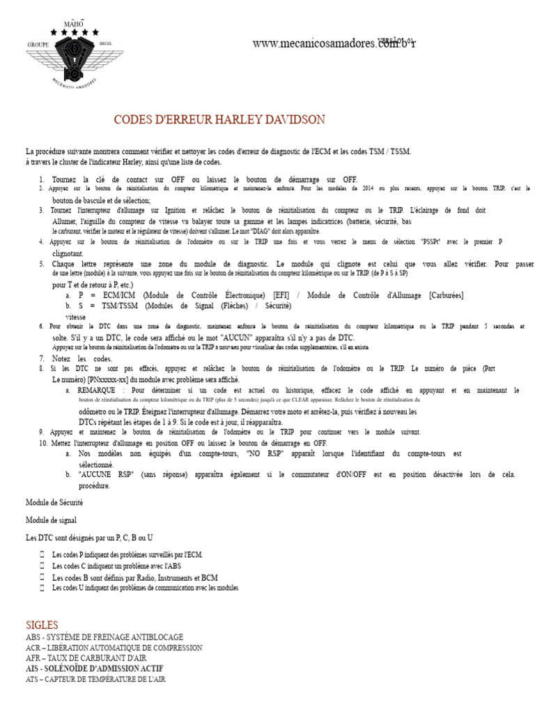 Codes d'Erreur Harley Davidson | PDF | Injection (moteur) | Système ...