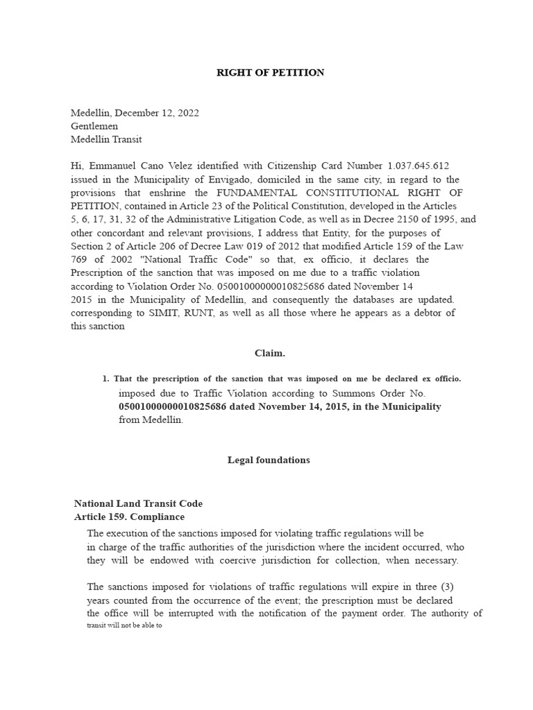 Right of Petition for Traffic Fine Prescription | PDF | Statute Of ...