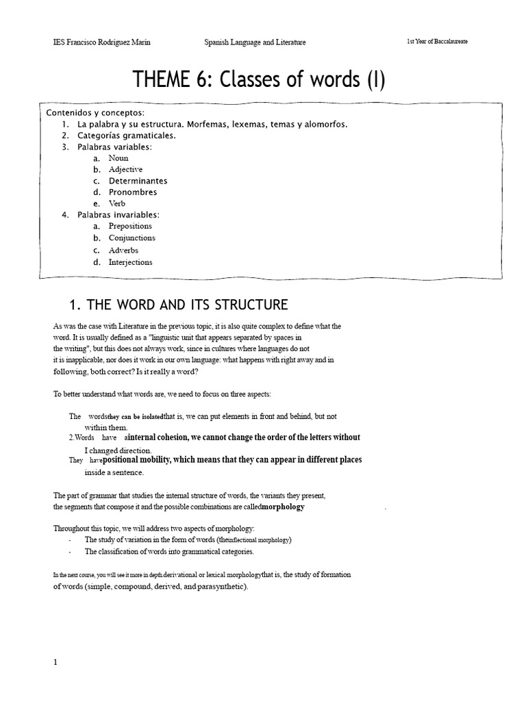 Understanding Word Classes in Spanish | PDF | Word | Adjective