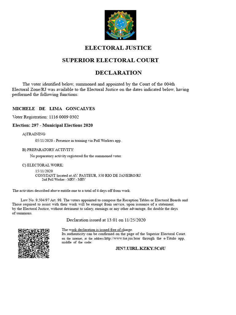 Electoral Justice Voter Declaration 2020 | PDF