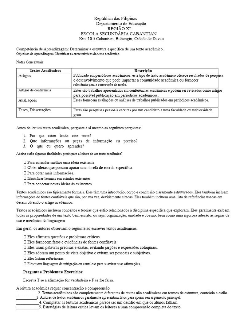 Estrutura e Leitura de Textos Acadêmicos | PDF | Abstract (resumo ...