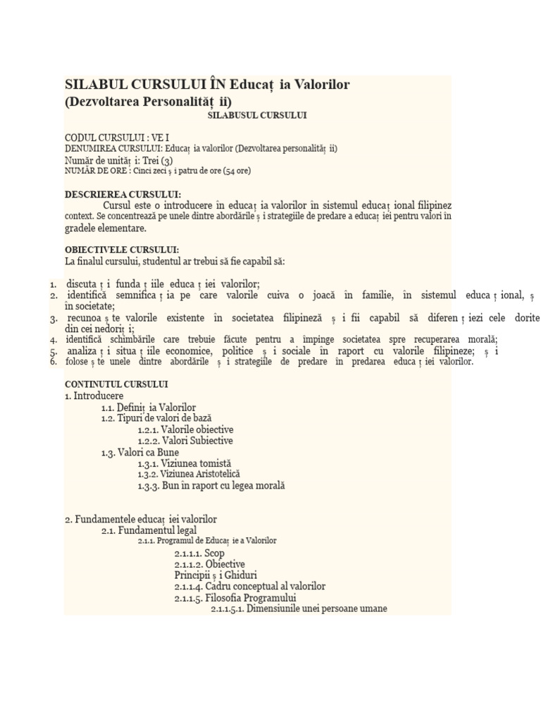 CURSUL DE PLANIFICARE ÎN Educația Valorilor | PDF