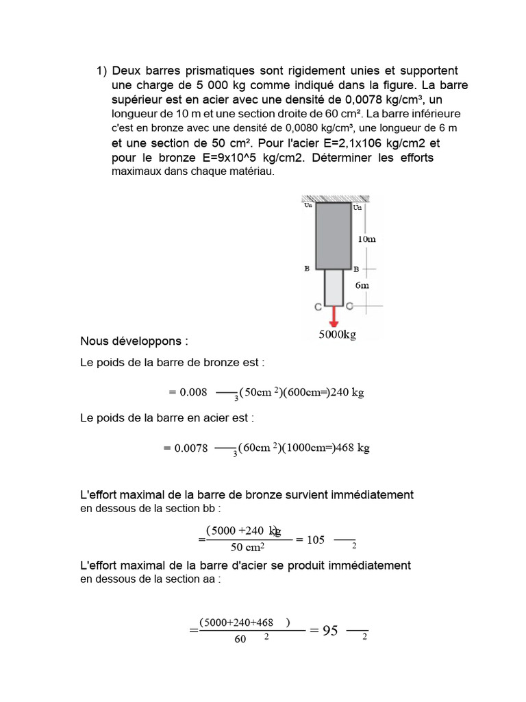Calcul des efforts et déformations des barres en acier et bronze PDF — free download
