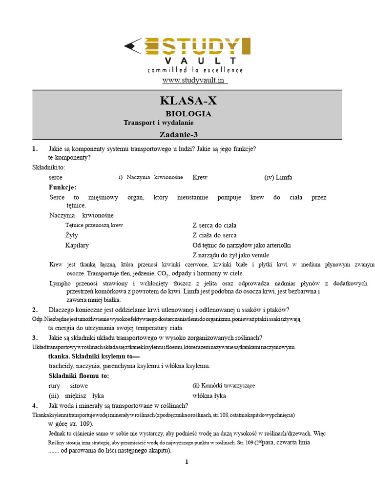 Zadanie-DPS BIO Zadanie-03 (Transport I Wydalanie) Klasa-X 0110 | PDF