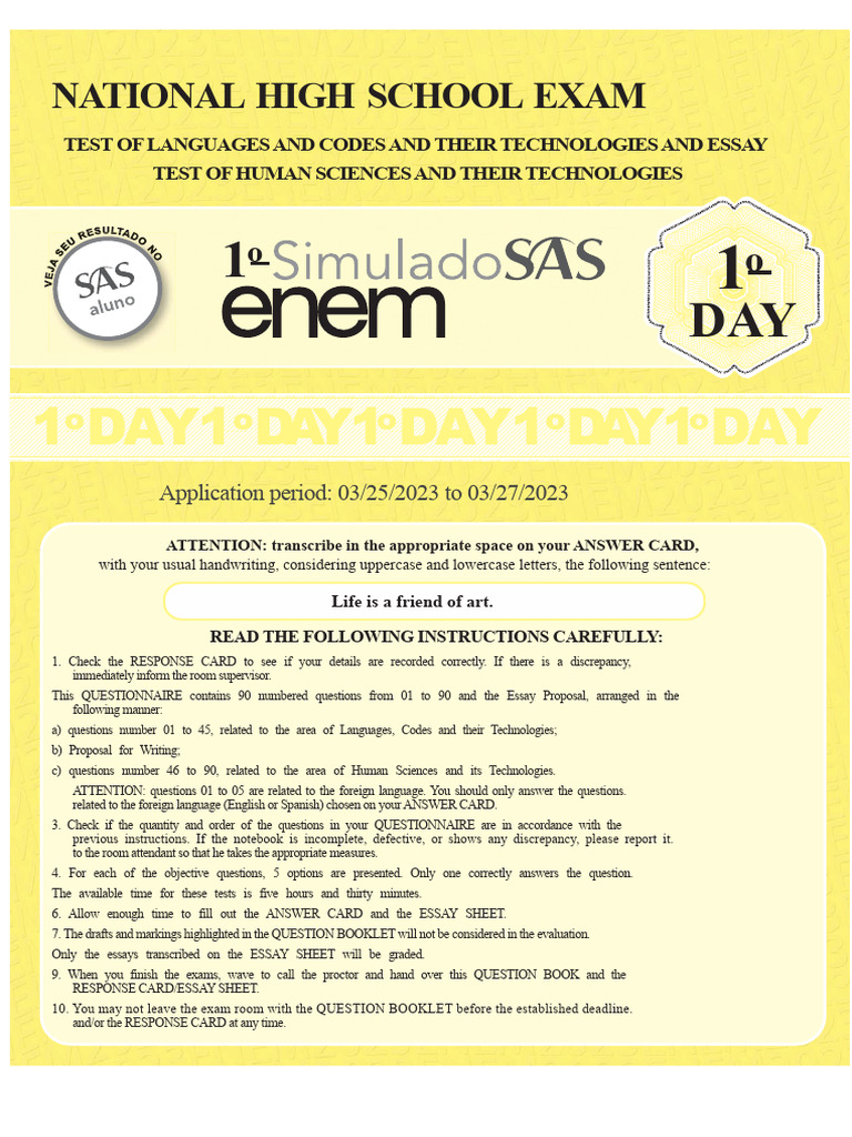 1st SAS Mock Exam - Enem 2023 - 1st Day | PDF | Employment
