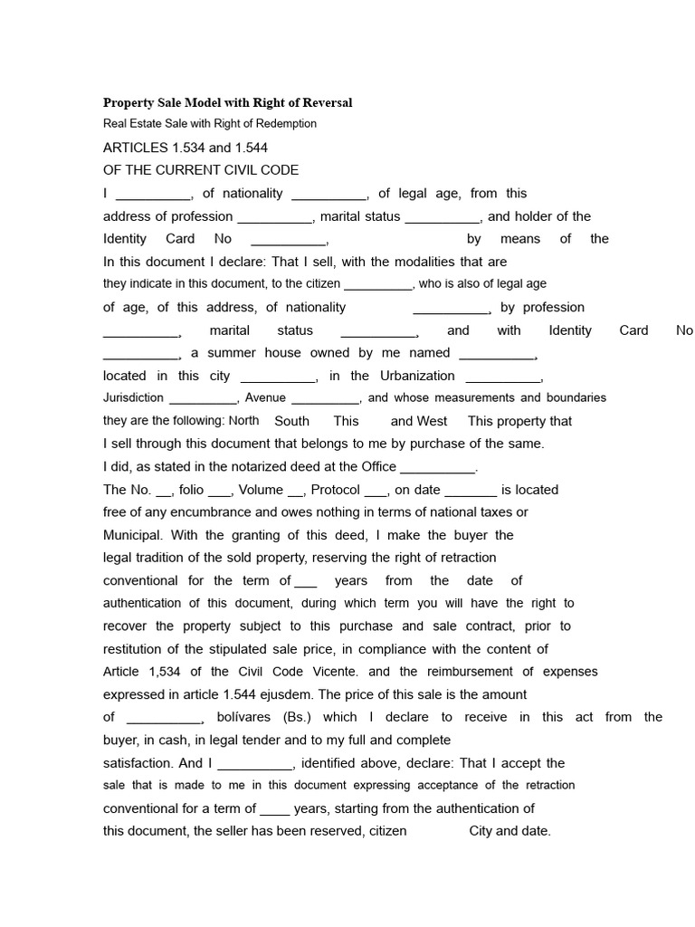 Property Sale Model With Redemption Agreement | PDF | Sales | Prices