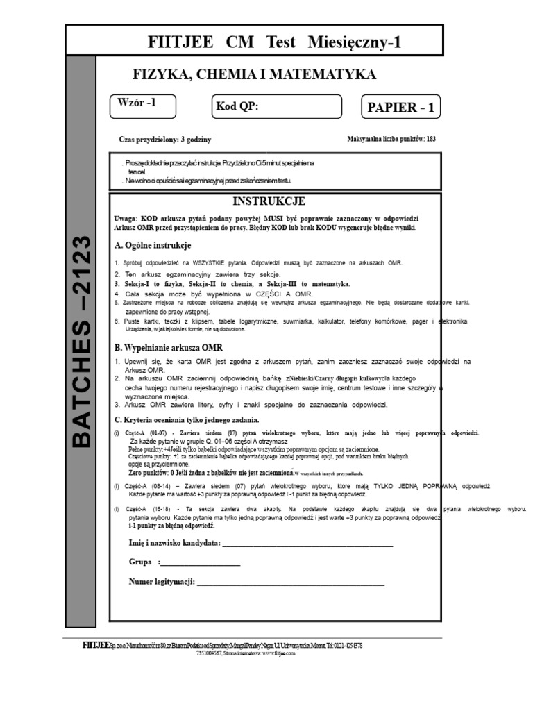 CM Test-1 - klasa-XI - 2123 - Papier-1 - Zrewidowany | PDF