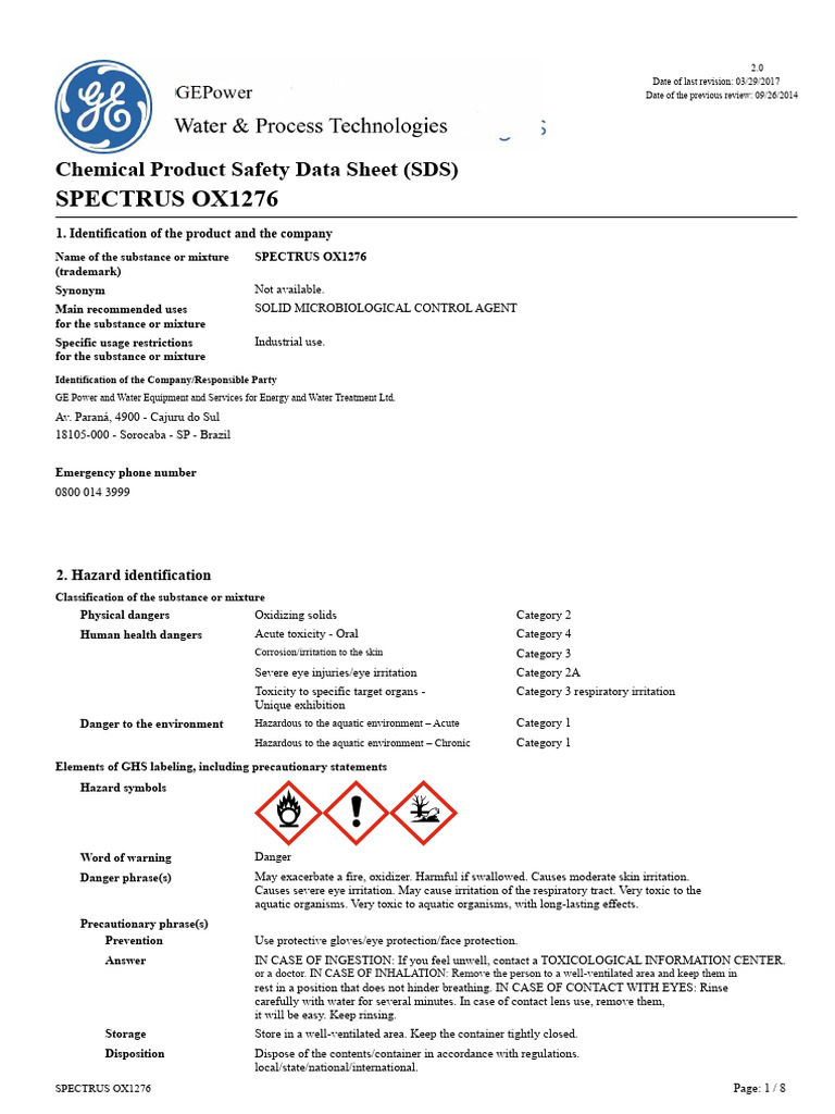 Safety Data Sheet for SPECTRUS OX1276 | PDF | Toxicity | Dangerous Goods