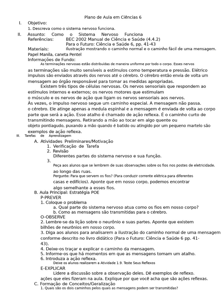 Plano de Aula em Ciências 6 D1 | PDF | Nervo | Cérebro