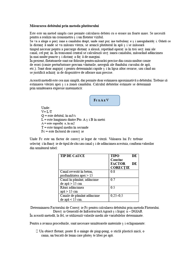Măsurarea Debitului Prin Metoda Plutitorului | PDF