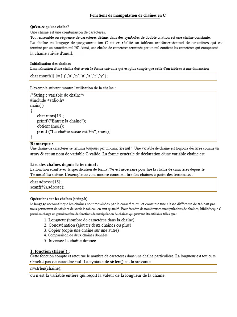 Manipulation de chaînes en C : Guide complet | PDF | Ingénierie ...