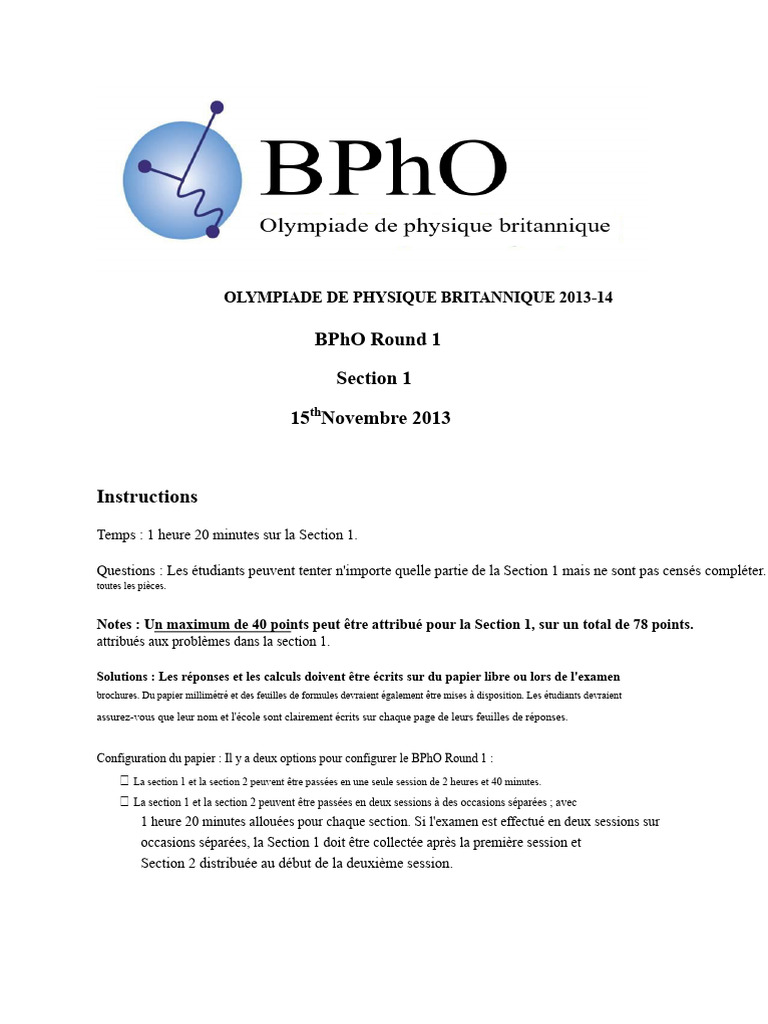 Olympiade de Physique BPhO 2013-14 | PDF | Condensateur | Masse