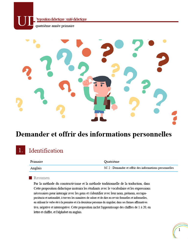Unité didactique : Informations personnelles en anglais | PDF | Langue ...