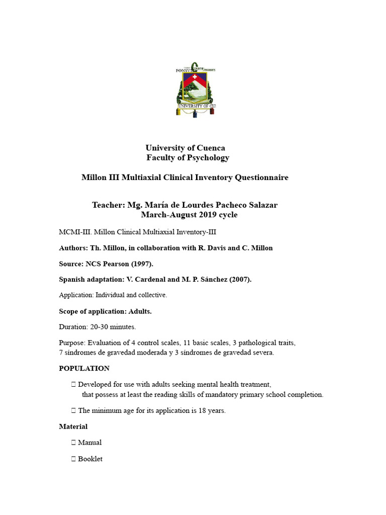 MCMI-III Questionnaire Overview and Application | PDF | Diagnostic And ...