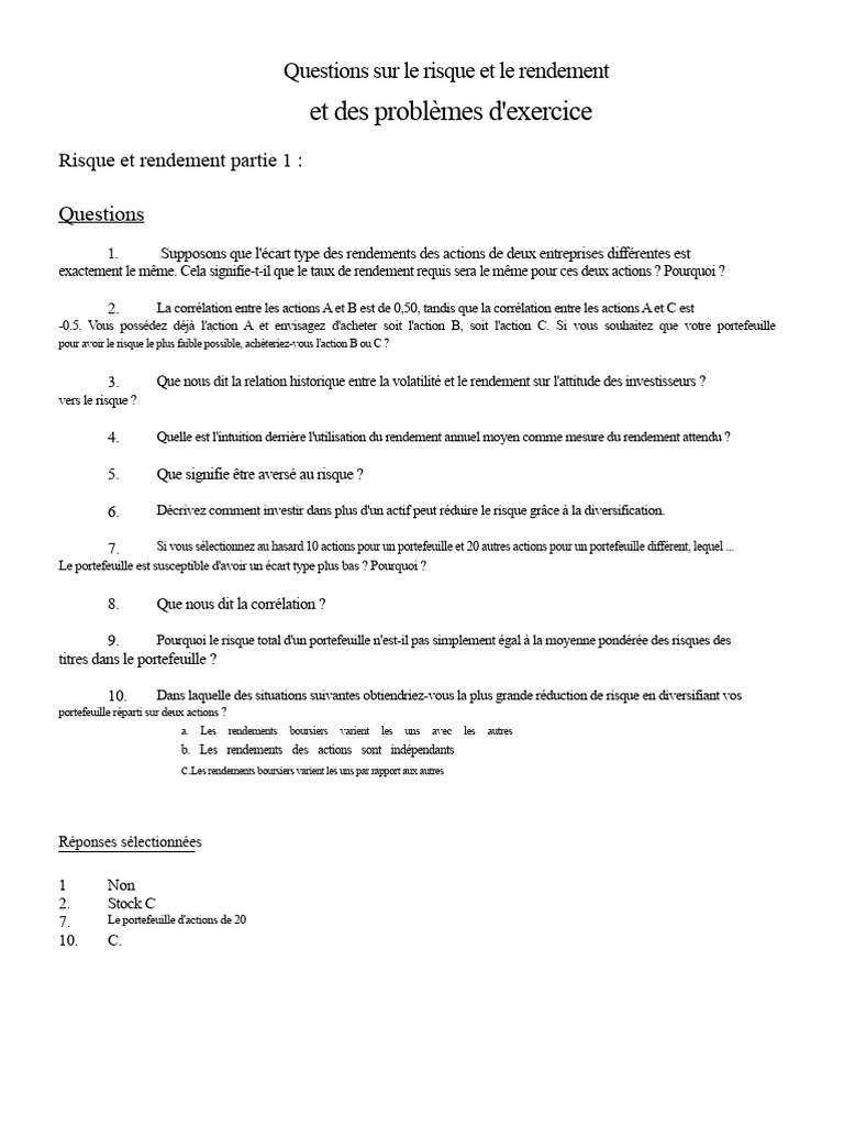 Questions sur le risque et le rendement | PDF | Modèle d'évaluation des ...