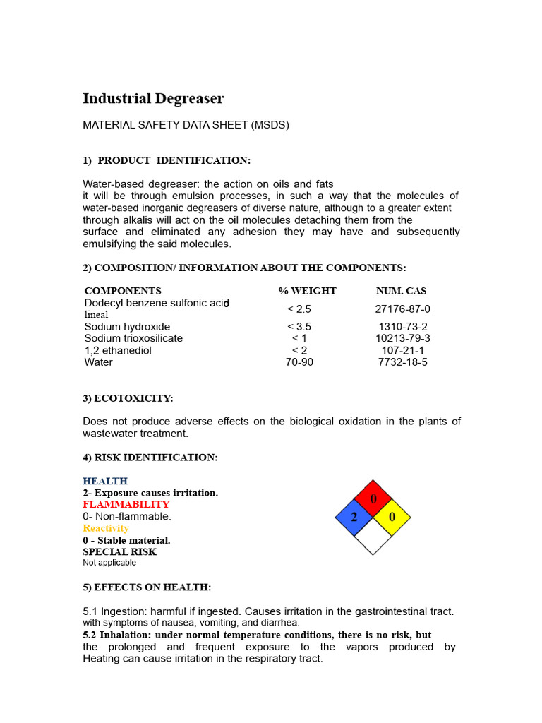Industrial Degreaser MSDS Overview | PDF | Emulsion | Chemical Substances