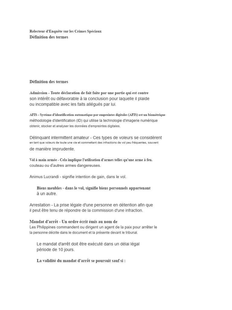 Glossaire des Termes Criminels et Enquête | PDF | Crimes | Crime et ...