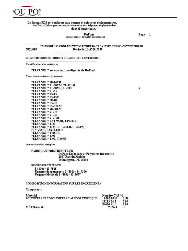 Fiche de sécurité pour 