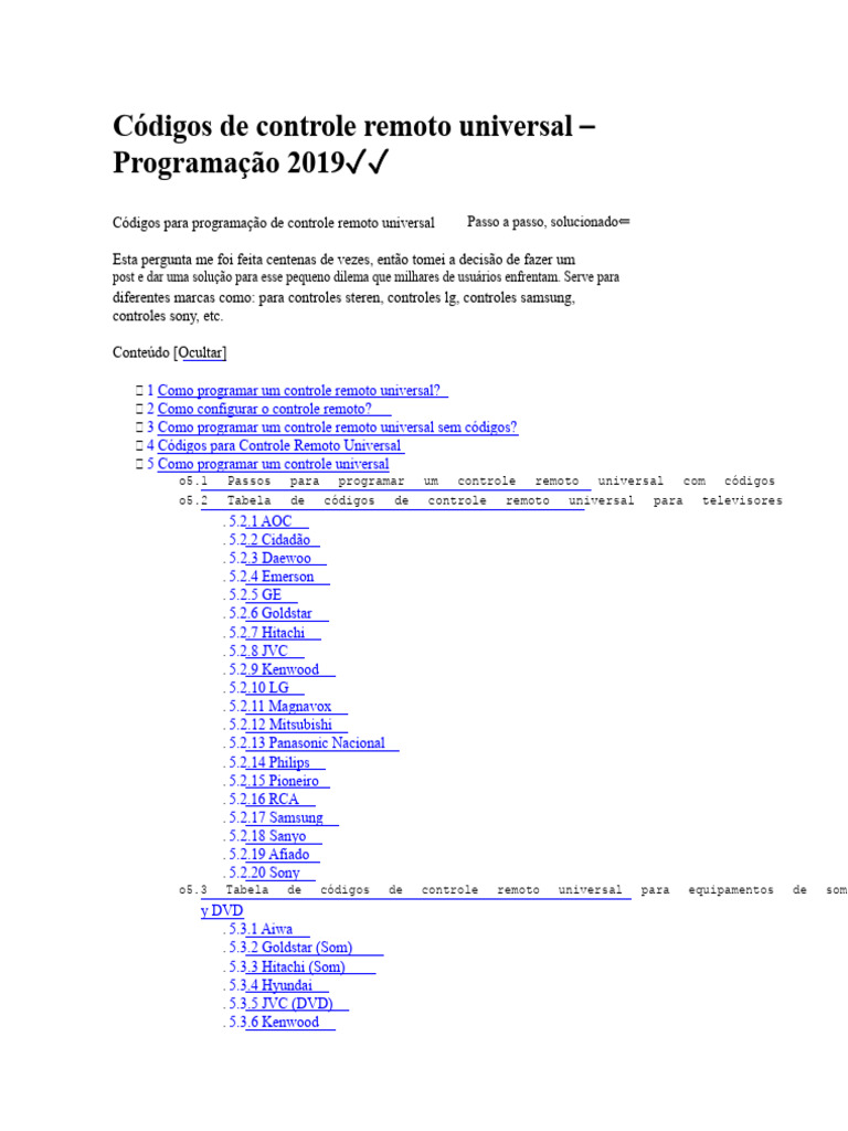 Códigos para Controle Remoto Universal | PDF | Televisão | Tempo