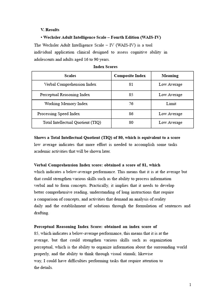 Example 2. WAIS IV Results | PDF | Wechsler Adult Intelligence Scale ...