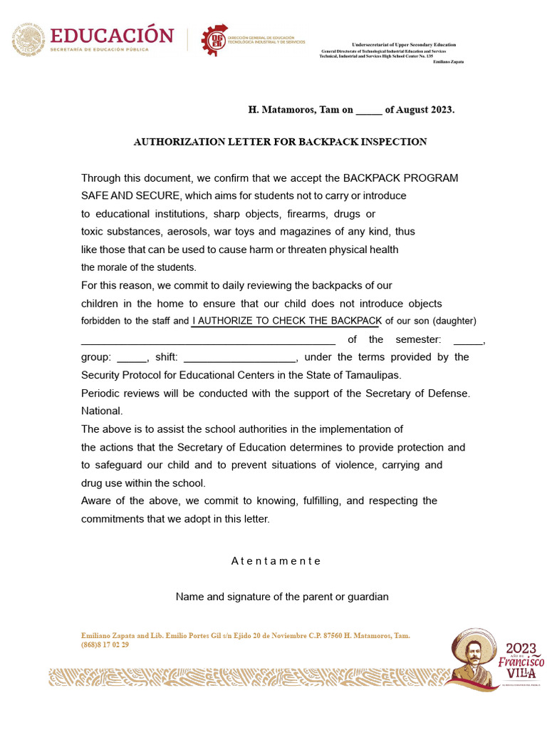 Backpack Inspection Authorization Letter | PDF | Justice | Crime & Violence