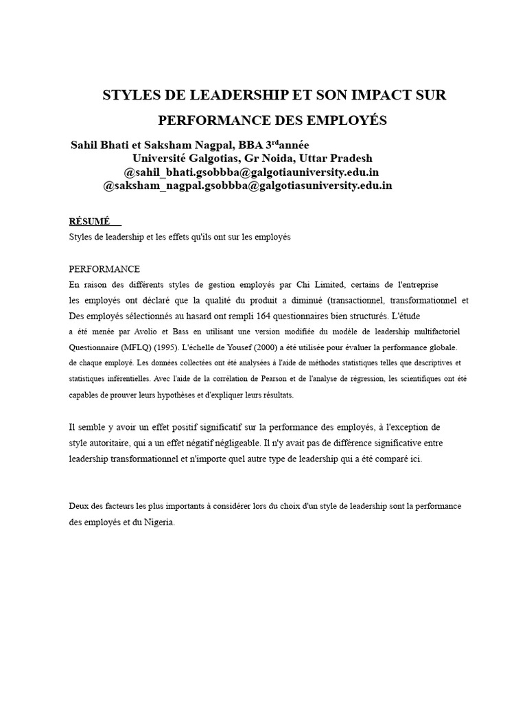 Impact des styles de leadership sur la performance | PDF | Direction ...