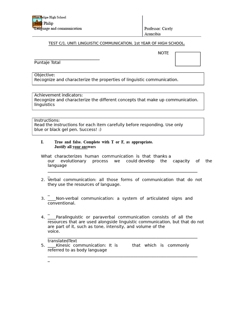 Linguistic Communication Test | PDF | Communication | Linguistics