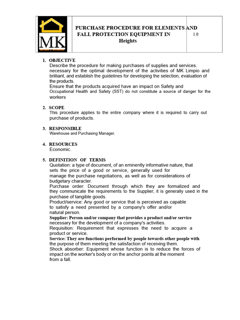 Purchase Procedure For Fall Protection Elements and Equipment | PDF ...