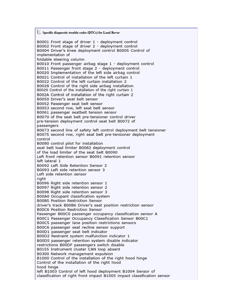Land Rover Diagnostic Trouble Codes | PDF | Airbag | Relay
