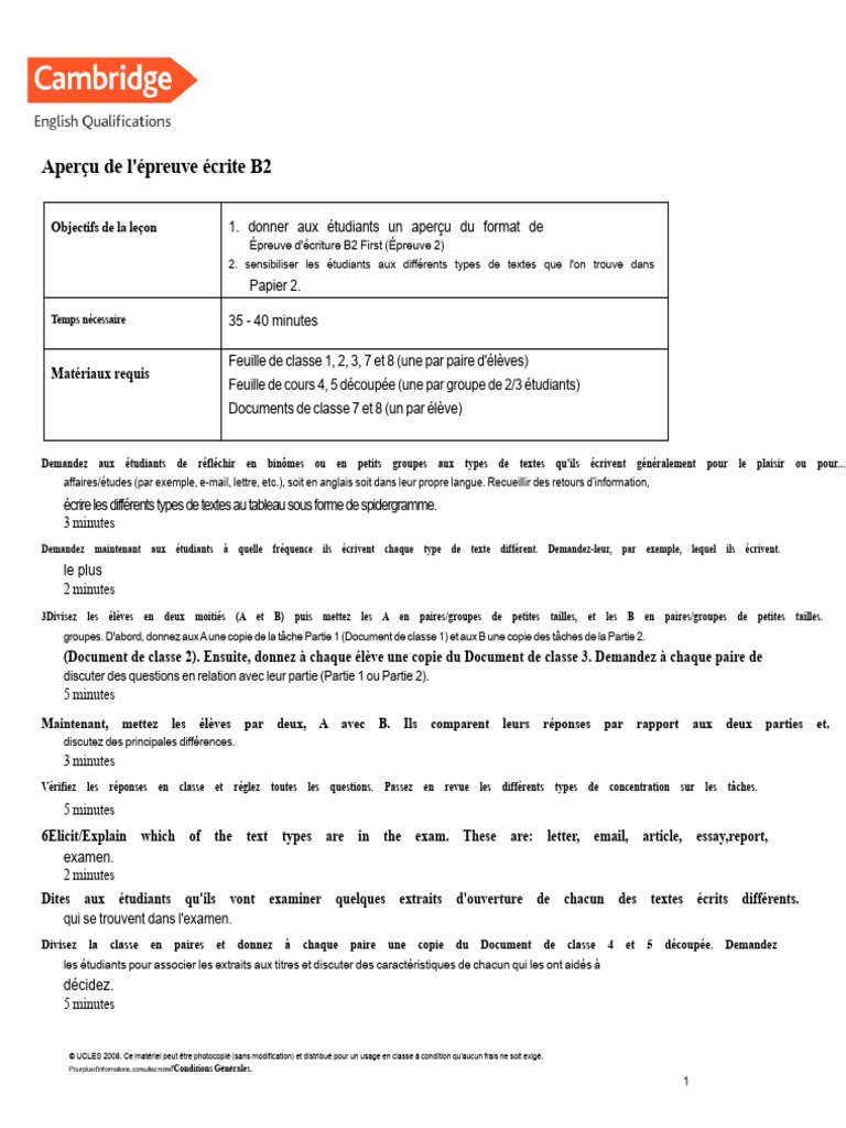 Guide de l'épreuve écrite B2 First | PDF