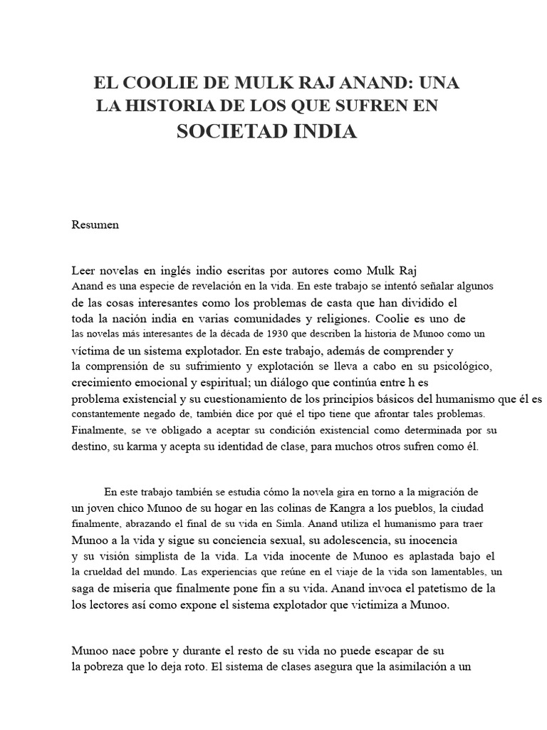 El Coolie de Mulk Raj Anand | PDF | marxismo | Karl Marx