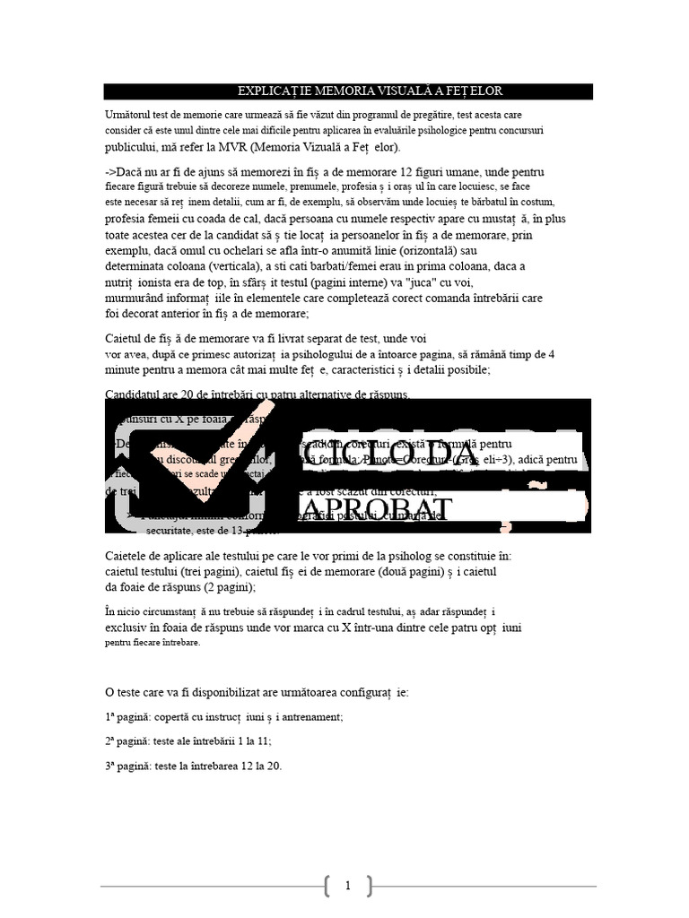 Test MVR Memoria Visual A Fețelor + Răspuns | PDF