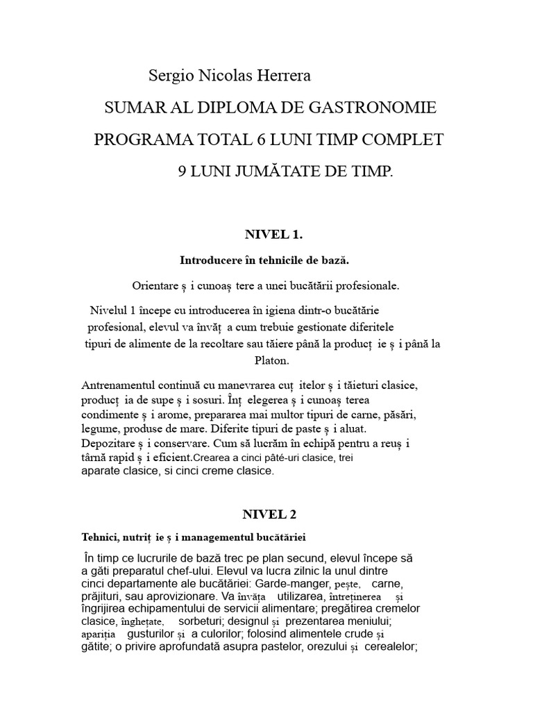 Plan de Lucru Gastronomie | PDF