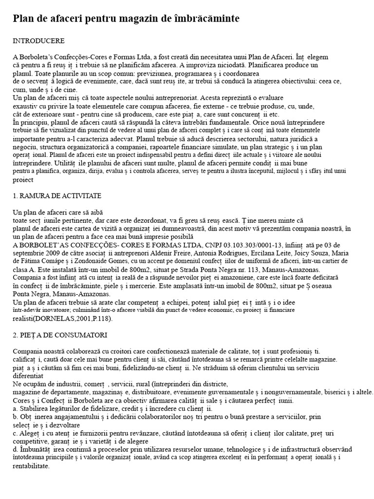 Plan de Afaceri Pentru Magazin de Îmbrăcăminte | PDF