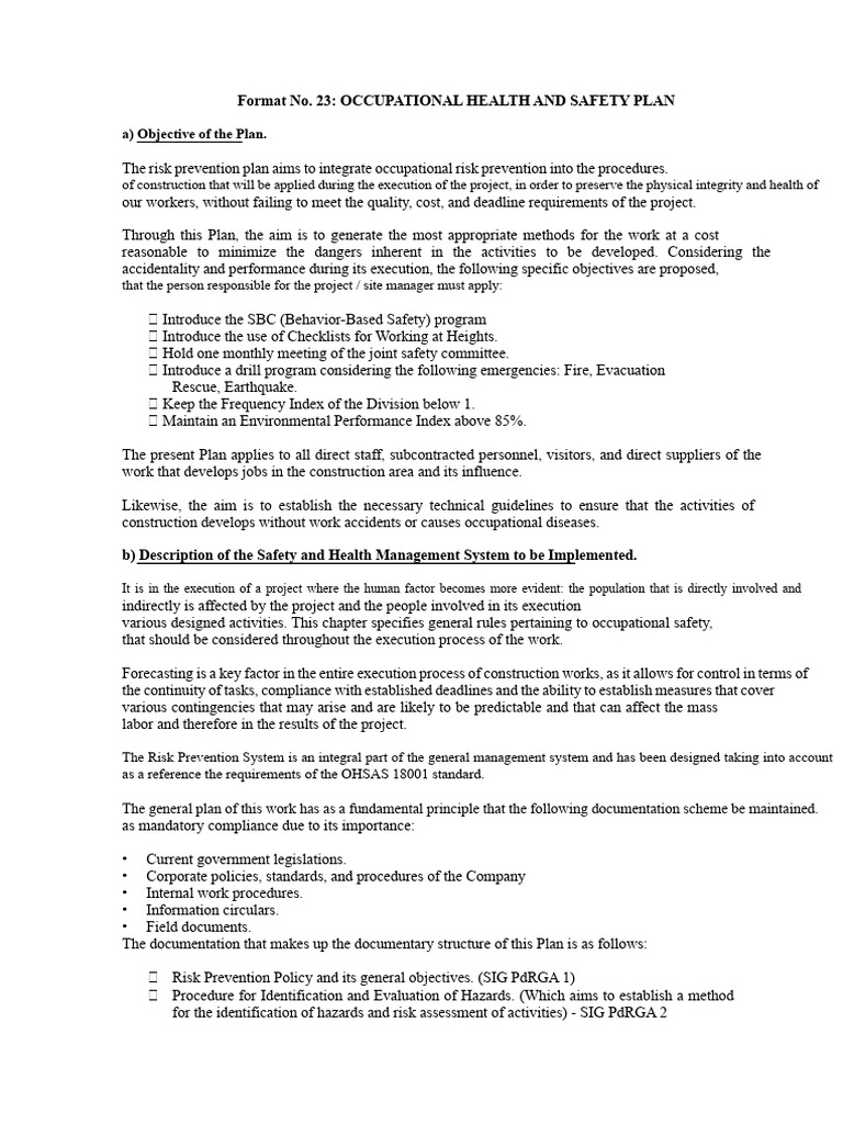 Format No. 23 Occupational Health and Safety Plan PDF | PDF ...