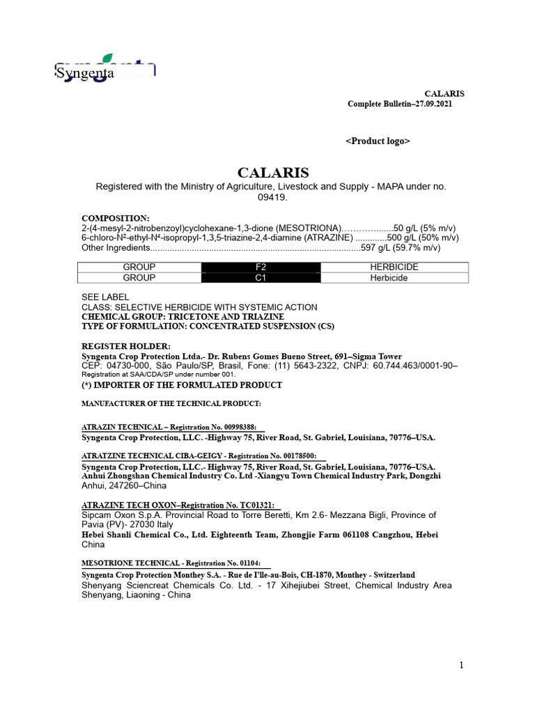 CALARIS Herbicide Usage Guide | PDF | Personal Protective Equipment ...