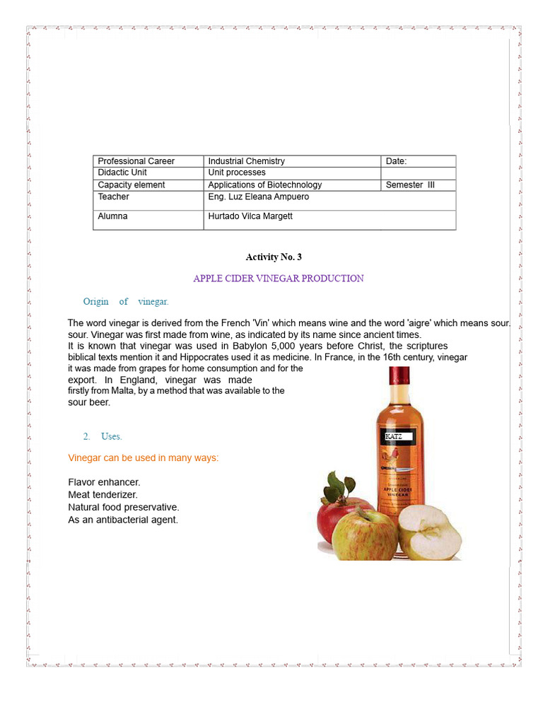 Apple Cider Vinegar Production Process | PDF | Vinegar | Fermentation