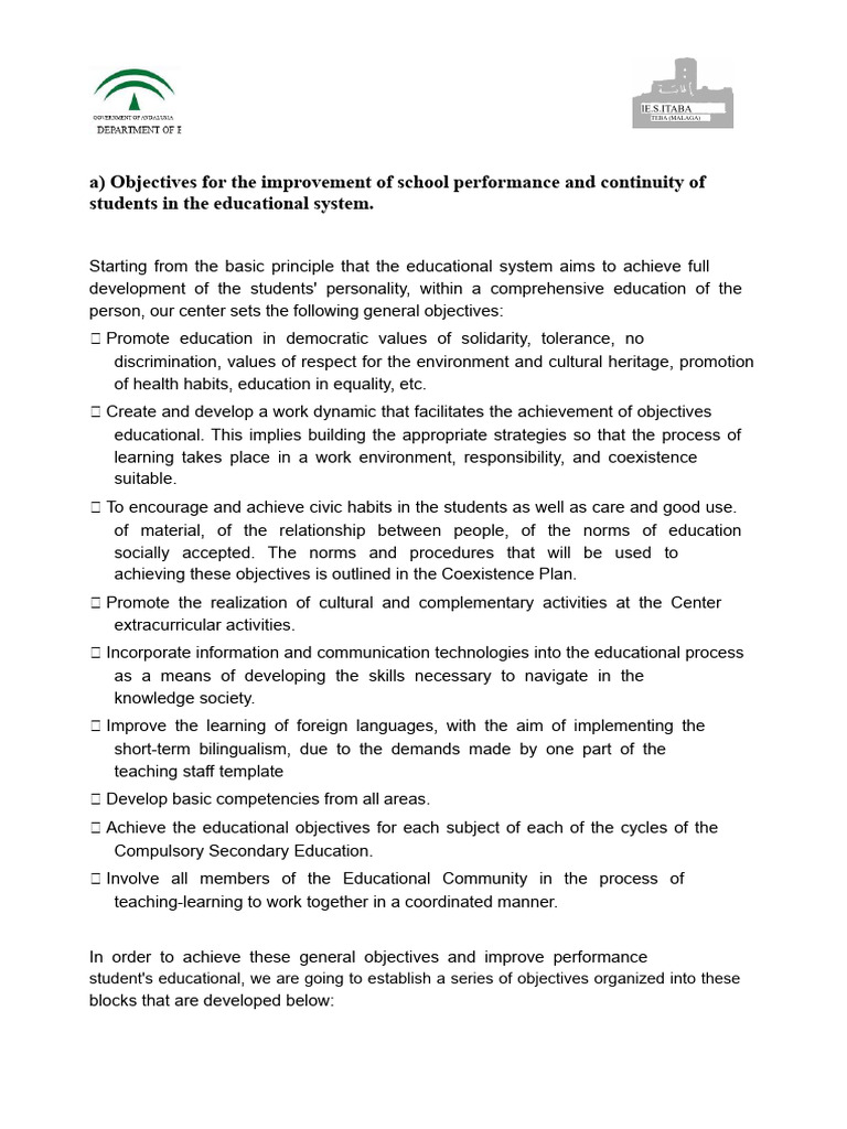 Objectives For Improving School Performance | PDF | Learning | Teachers