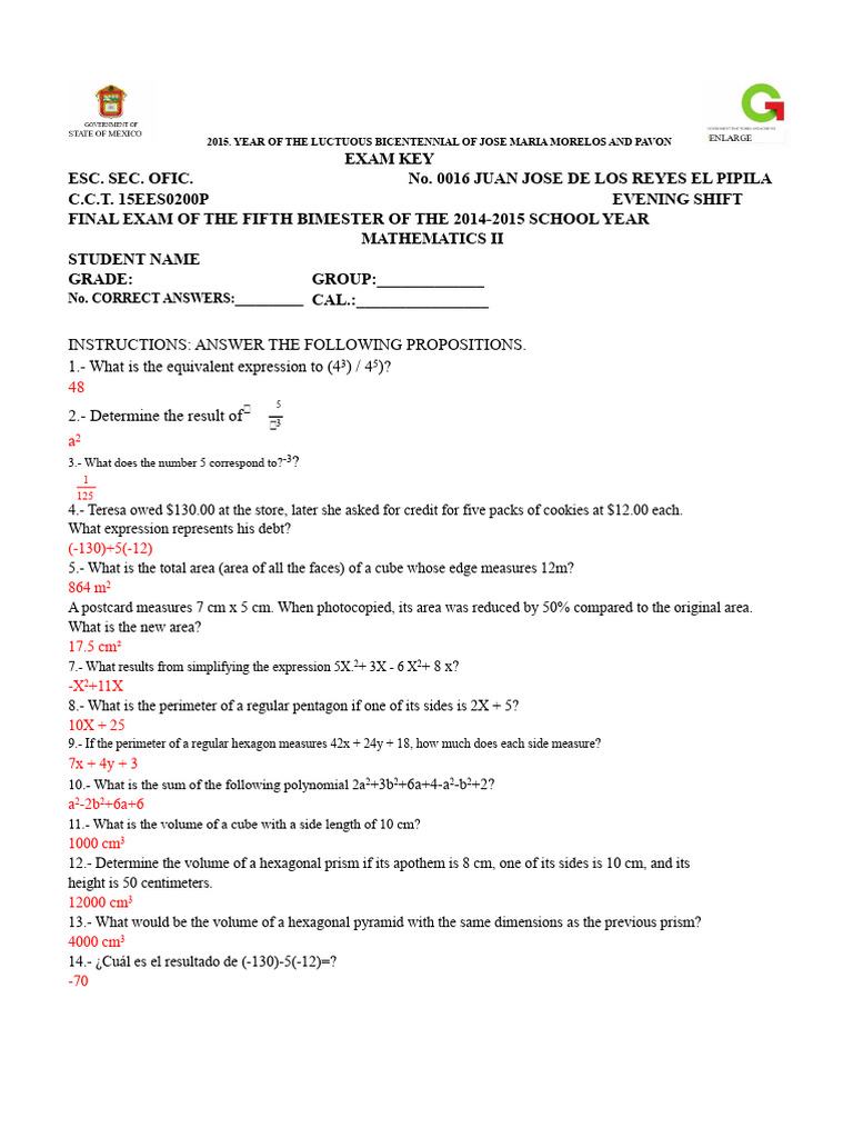 Final Exam Mathematics Second Grade Secondary With Code | PDF | Length ...