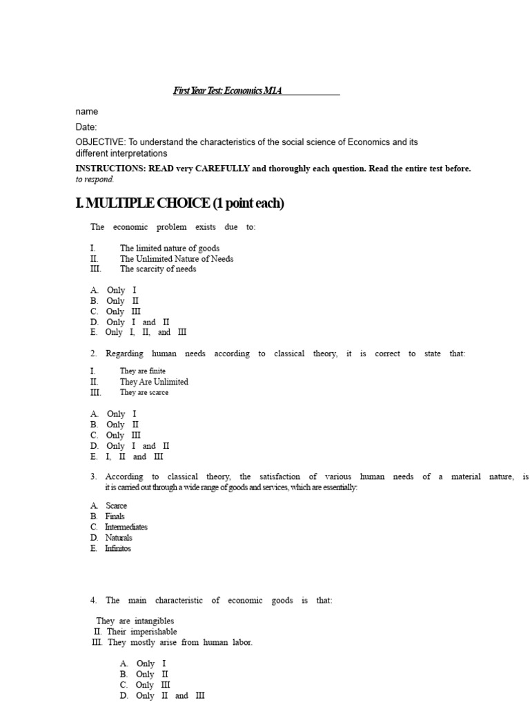 First Year Economics Test Overview | PDF | Supply (Economics) | Demand