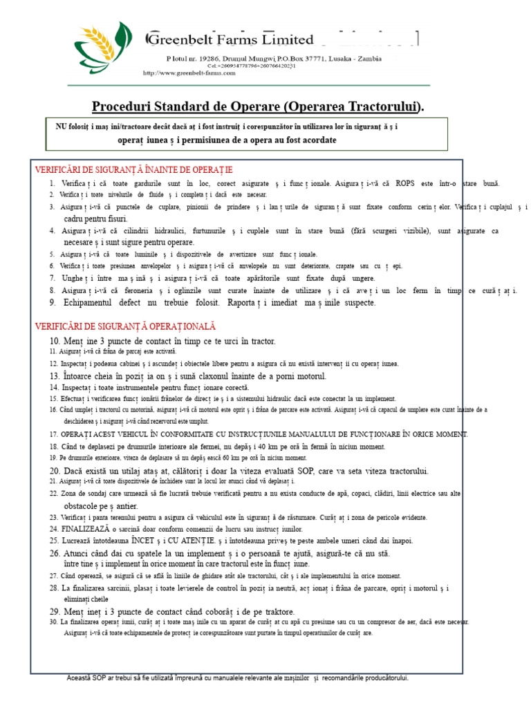 Proceduri Standard de Operare (Operarea Tractorului) | PDF