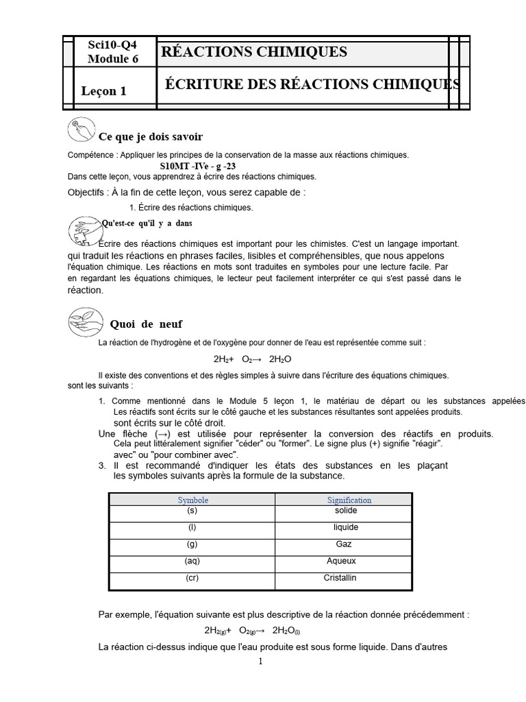 Écriture et équilibrage des réactions chimiques | PDF | Chimie ...
