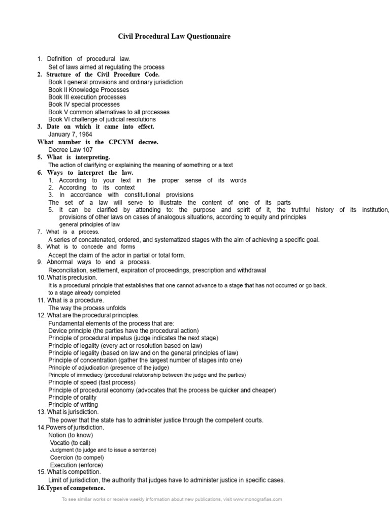 Civil Procedural Law Questionnaire | PDF | Evidence (Law) | Lawsuit