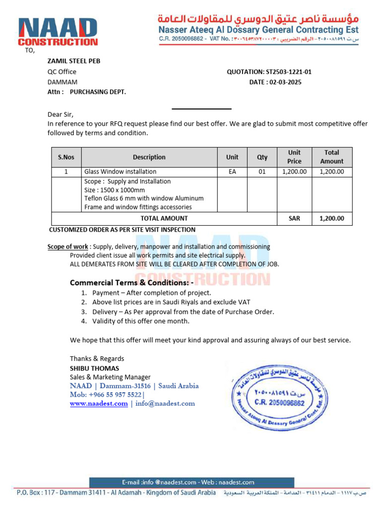 Quotation for Glass Window Installation | PDF