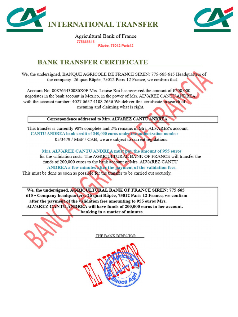 Bank Transfer Certificate Confirmation | PDF