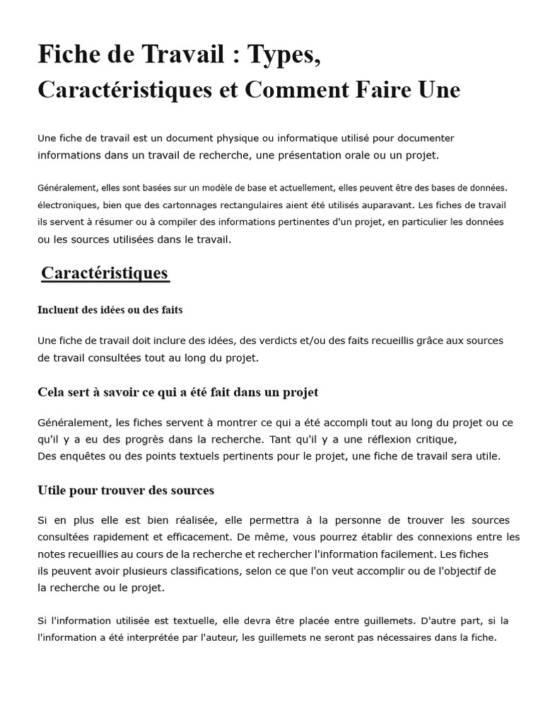 Types et caractéristiques des fiches de travail | PDF | Informations