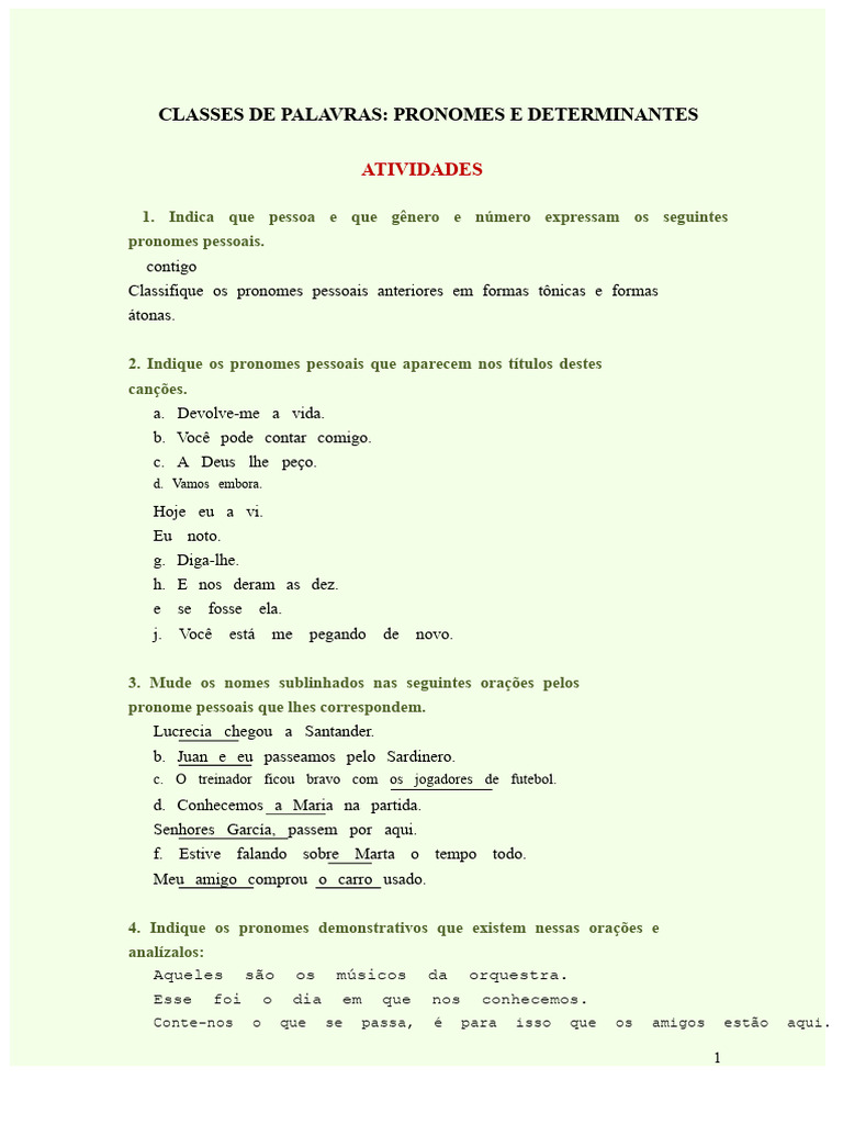 Atividades sobre Pronomes e Determinantes | PDF | Pronome