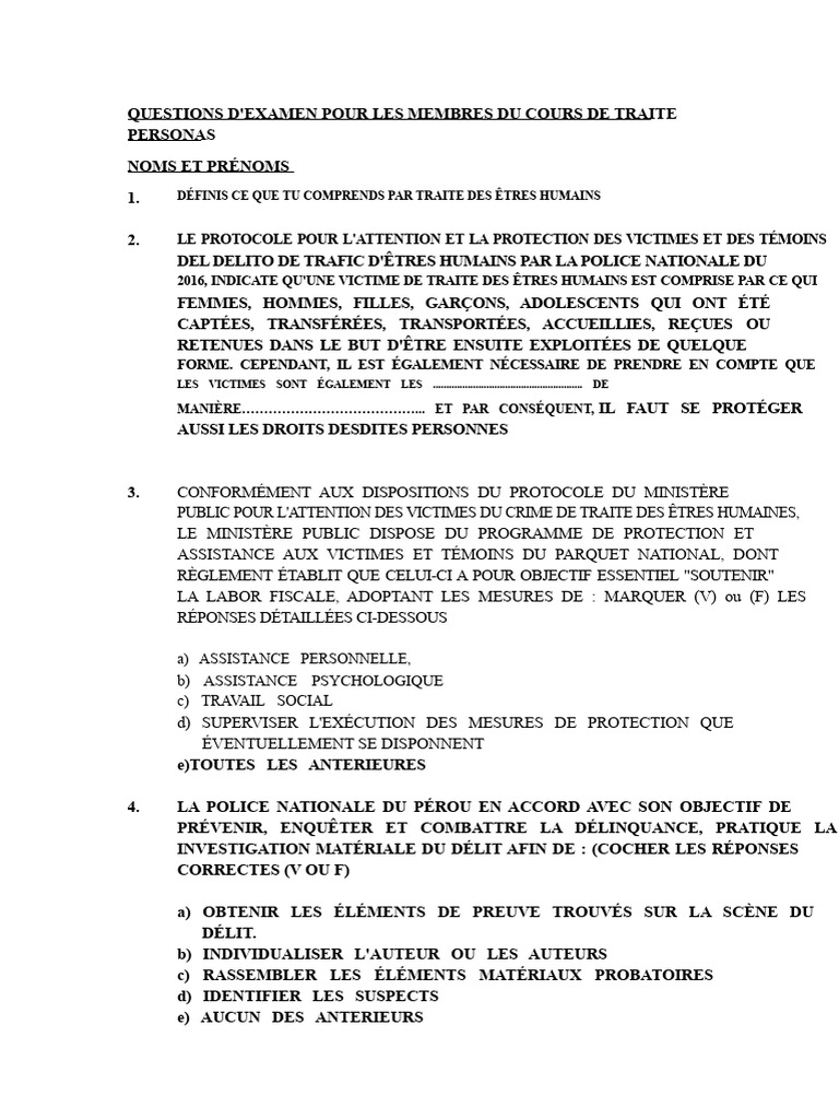 Questions D'examen Cours de Trafic Des Êtres Humains 14 Juil 2021 | PDF ...